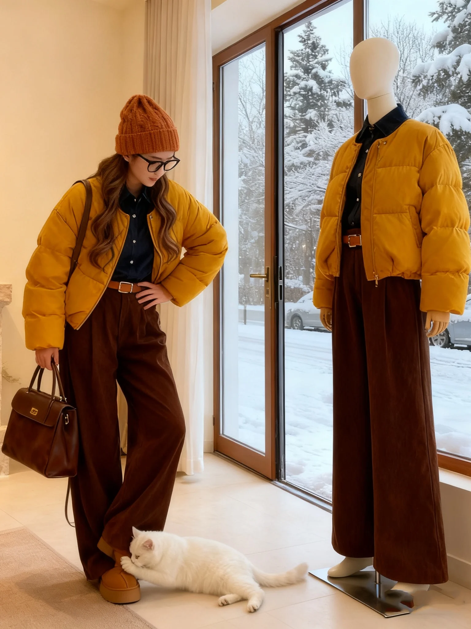 Ensemble Faion d'hiver pour femmes, manteau à pain ajusté, pantalon à jambes larges, taille haute, thermique, longue fermeture éclair, décontracté