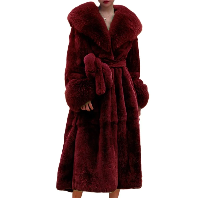 Women New Trend Warm Winter Long Fur Coat Lapel Thicken Faux Fur Trench Coat Luxury Brand Belt Fur Jacker Loose Design Overcoat