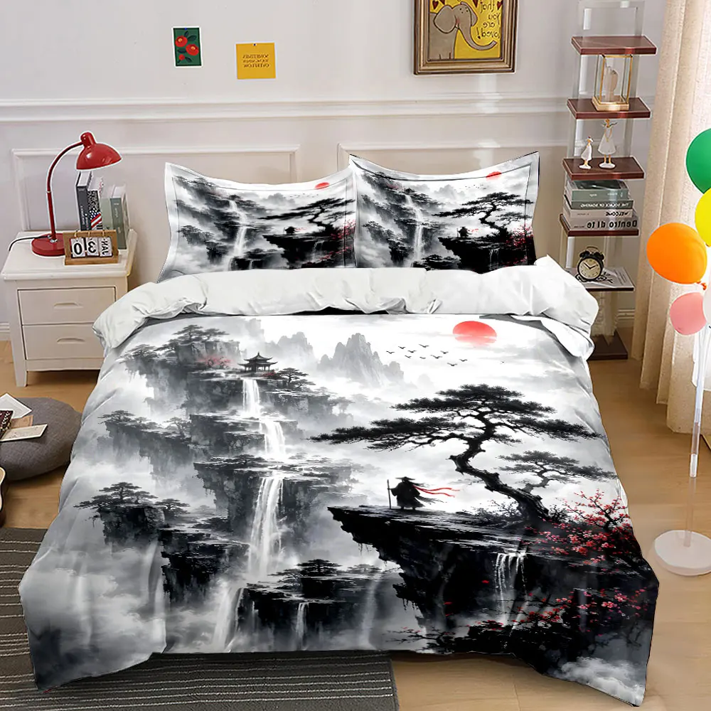 Mountain gorge, waterfall, red sun, tree Print Bedding Set 1 Duvet Cover 2 Pillowcases for Adult and Children Luxury Gift