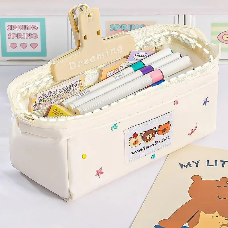 Adorable estuche para lápices con diseño de oso, suministros de oficina escolares de gran tamaño