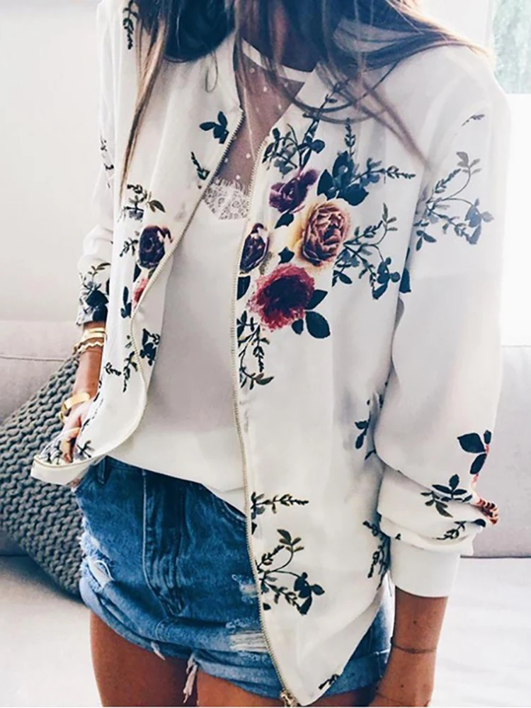 O-Neck Bomber Short Jackets New Fashion 2023 Autumn Women\'s Pockets Zipper Long Sleeve Coat Female Flower Printed White Jacket