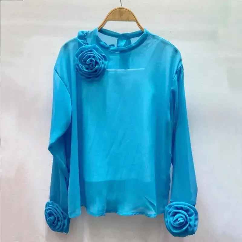 KUSAHIKI-Tops de flores en 3D para mujer, camisas de fondo elegantes coreanas, Blusas femeninas de manga larga para otoño, 2023