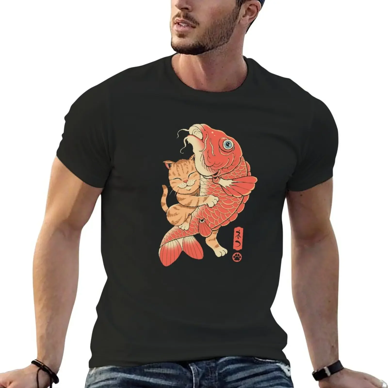 Cat Catching Carp T-Shirt blacks Funny t-shirt Louboutins Anime t-shirt oversized t shirts for men