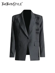 Twot winstyle solide Patchwork Falten elegante Blazer für Frauen gekerbten Kragen Langarm gespleißt Knopf Mäntel weibliche Mode neu