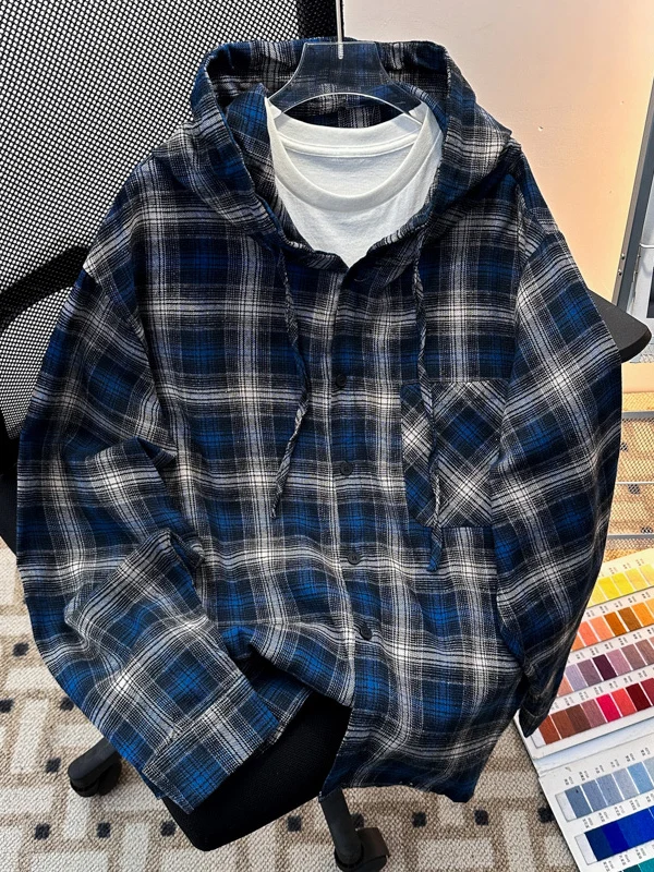 

Vintage Plaid Long Sve Men's irt Casual Hooded Loose Fit Spring Autumn American Sle Casual irt Jaet
