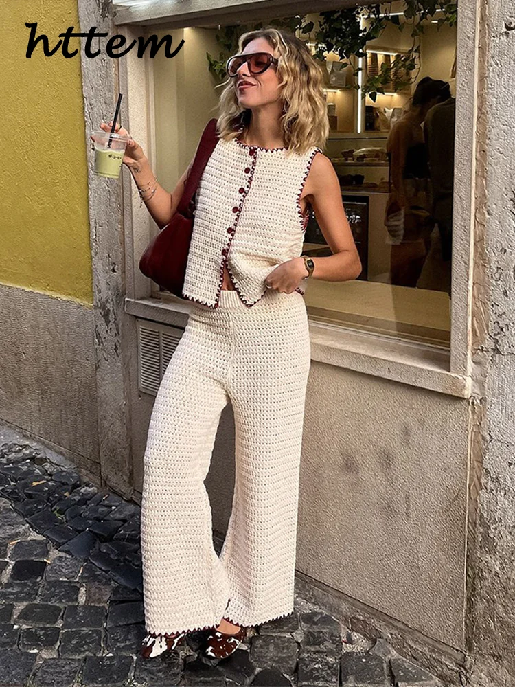 

Casual Knit Pants Sets 2 Pieces For Women O-neck Single Breasted Vest Elastic Wide Leg Trouser 2025 Summer Lady Vacation Outfits