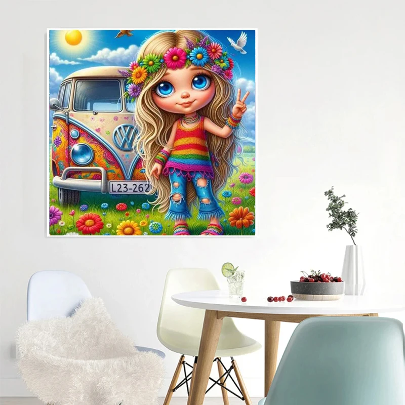 AB Diamond Painting Cross Stitch Cartoon Girl 5D DIY Fairy Dust Diamond Embroidery Flower Bus Rhinestone Crystal Mosaic Art