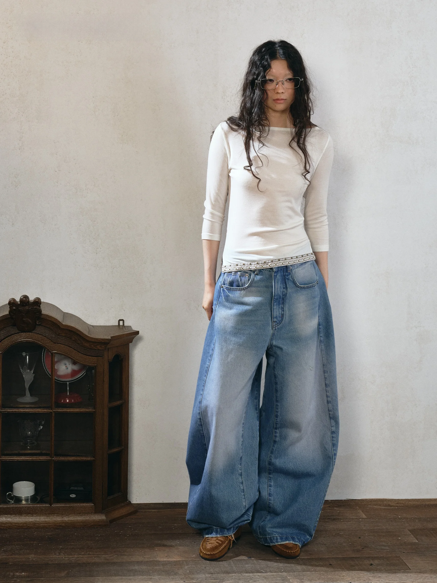 VERMO Vintage Washed Soft Tailored Tent Shape Denim Jeans Cotton Natural Waist Wide Leg Pants Casual Trendy Autumn Jeans