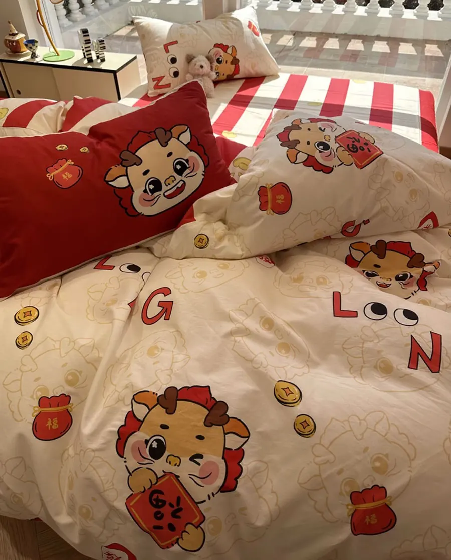

Traditional cute cartoon loong red bedding set,twin full queen chinoiserie cotton home textile bed sheet pillow case quilt cover