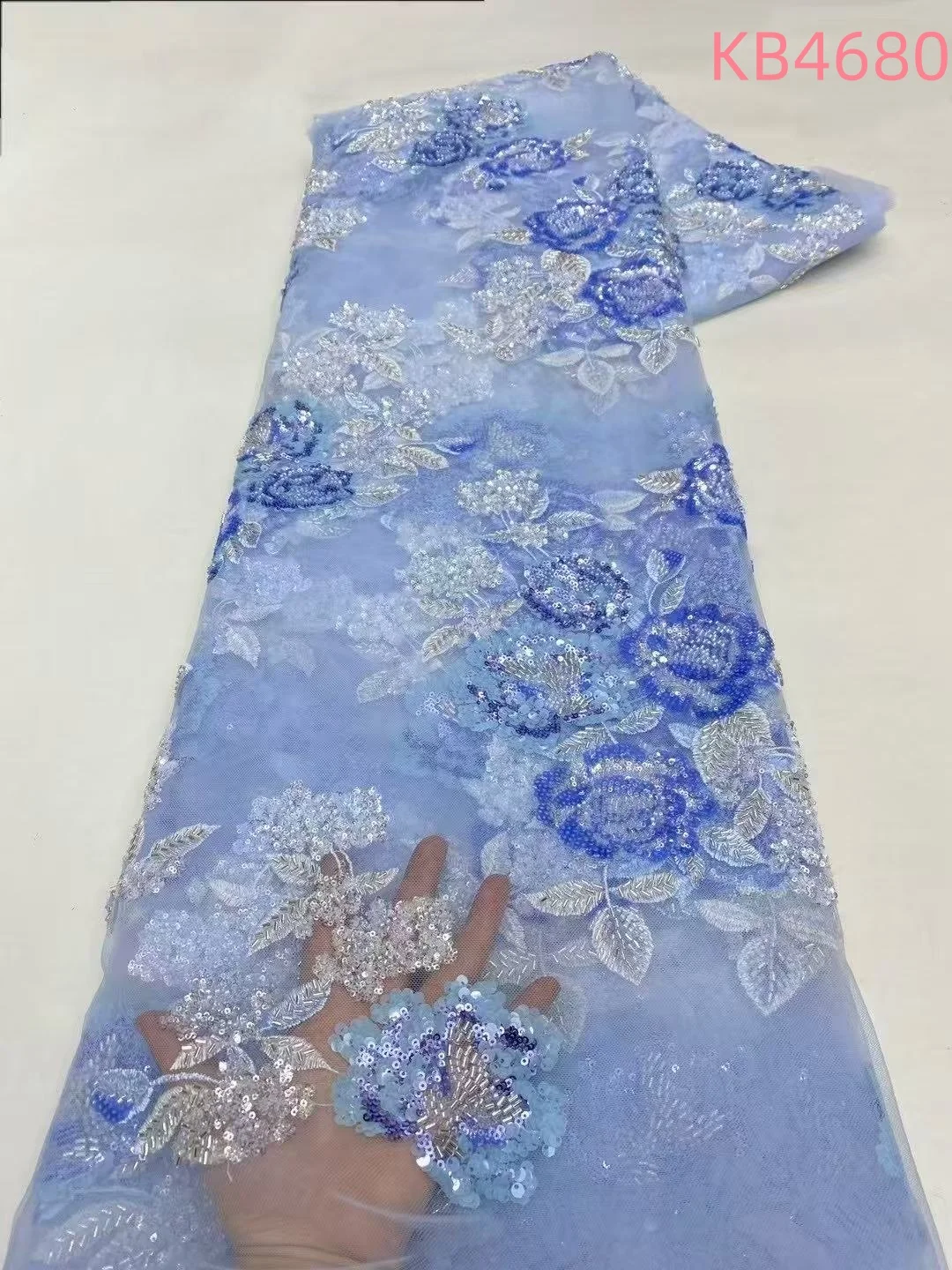 スパンコールチュールレースアフリカレース生地5ヤード高品質2025スカイブルービーズ付きフランスメッシュ、縫製用キラキラ装飾付きKB4680