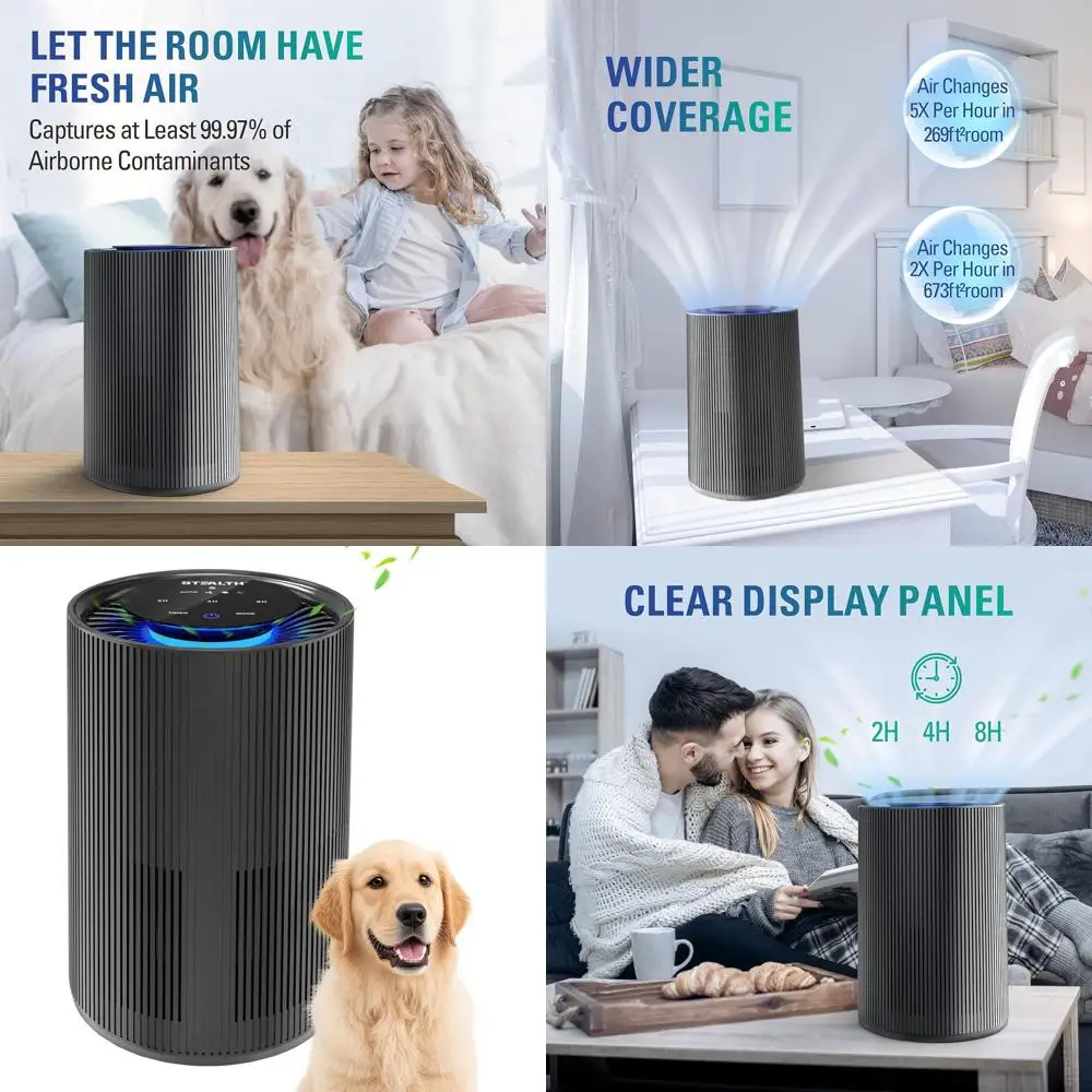 

Очиститель воздуха 3-в-1 с HEPA-фильтром для удаления аллергенов, шерсти животных и пыльцы — ультратихий, 3 скорости, таймер для больших помещений