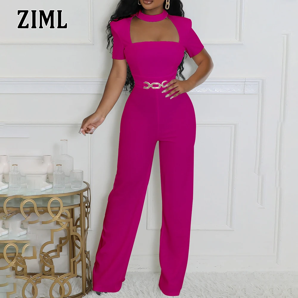 

ZIML Solid Spliced Metal Slimming Jumpsuits for Women Round Neck Short Sleeve High Waist Temperament Jumpsuits Female Fashion