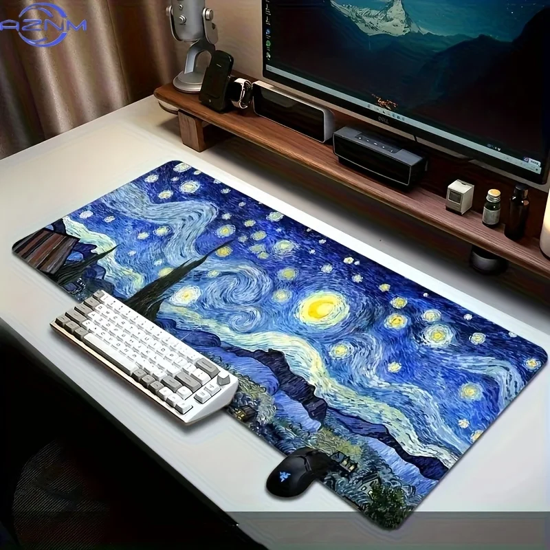 Famous Impressionist Artwork XXL Desk Mat, Star Sky Landscape Waterproof Mousepad for Home & Gaming