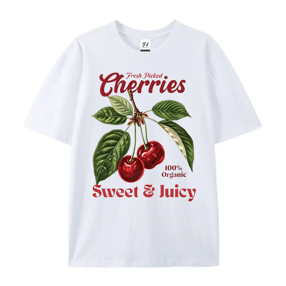 Women Sweet Cherry Print Short Sleeve T Shirt Casual Summer Cotton Top