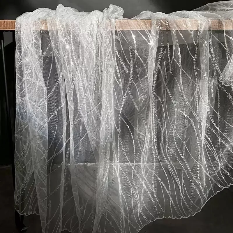 Luxury Heavy‑Duty Water‑Wave Sequin Embroidered Lace Mesh Fabric Sheer Tulle  Wedding Dress Gown Bridal Outfit  Material White