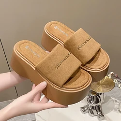 Summer Women Bling Flip-Flops Chunky Beach Shoes Ladies Wedge Heels Leather Slippers Woman Platform Slides Outside Sandals 7CM