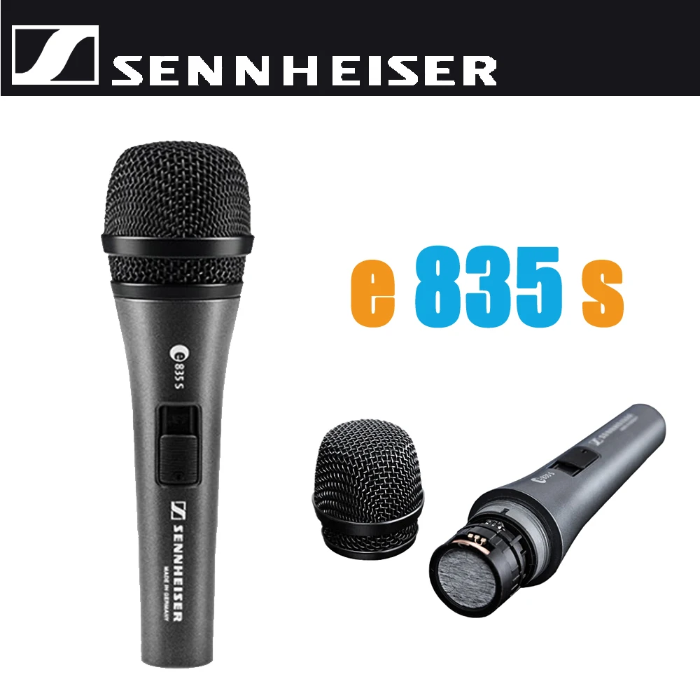 Micrófono vocal dinámico de calidad profesional Sennheiser E835S, diseño direccional en forma de corazón, material metálico resistente.