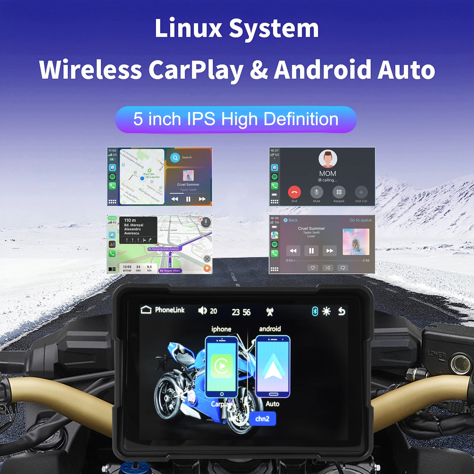 

5 Inch Motorcycle CarPlay 1000nit External Portable Motorcycle IPS Touch Screen Waterproof Support Wireless CarPlay Android Auto