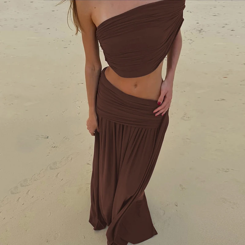 Hugcitar Modische geraffte 2-teilige Sets mit schrägem Kragen, sexy Crop-Tank-Top, Patchwork, plissierter Maxirock, weibliche Strand- und Urlaubsoutfits – Detail 23