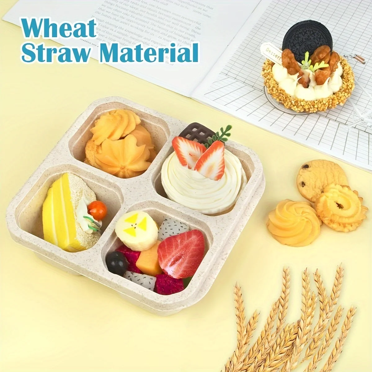 4pcs Wheat Straw Divided Snack Containers, Japanese Style Lunch Box, Portable Microwave Oven Square Divided Fast Food Box, Picni