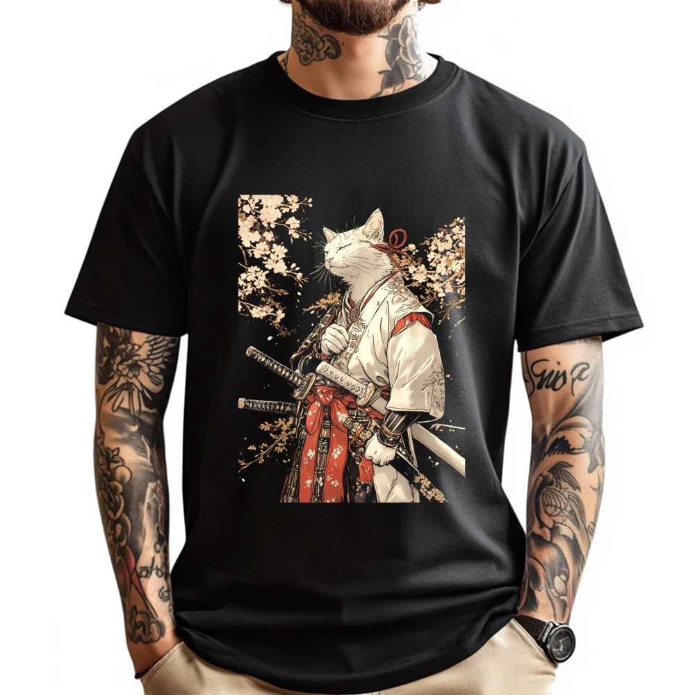

Cat Samurai Ninja Cat Samurai Art Ukiyo E Green And White Graphic T Shirt High Quality Men's T-Shirt Creative