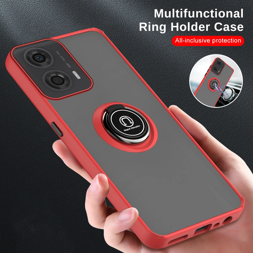 Magnetic Holder Ring Shockproof Matte Armor Case For Motorola Moto G24 MotoG24 G 24 Power 4G TPU Bumper Clear Hard PC Back Cover