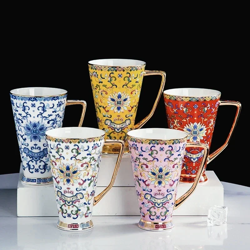 

400ml Bone China Porcelain Tea Cup, Jingdezhen Ceramic Enamel King Cup, Office and Travel Gift, Elegant Drinkware