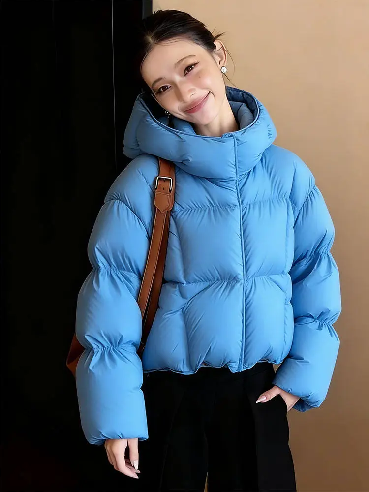 

Корейская женская зимняя куртка-пуховик синего цвета, повседневного кроя, с наполнителем из утолщенного полиэфирного волокна и белого пуха