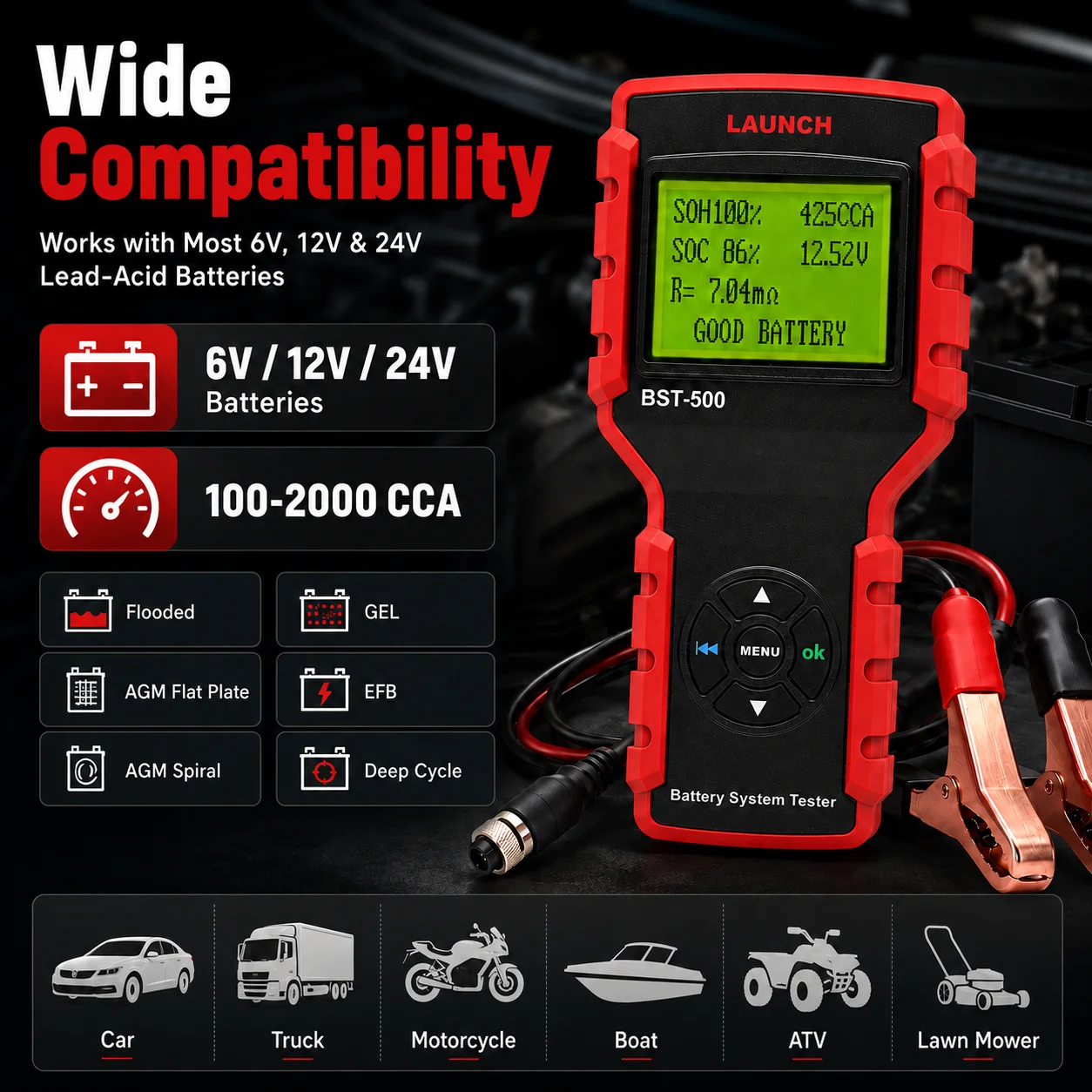 Launch BST500 Car Battery Tester 6V/12V/24V Cranking & Charging System Test 100-2000 CCA 6V 12V 24V Battery Detector
