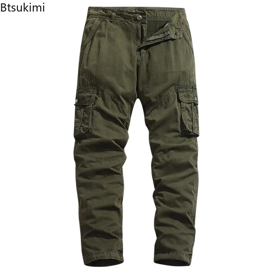 2024 Men's 100% Cotton Cargo Pants Loose Casual Multi Pocket Solid Long Pants Men Outdoor Workout Jogger Trousers Straight Pants