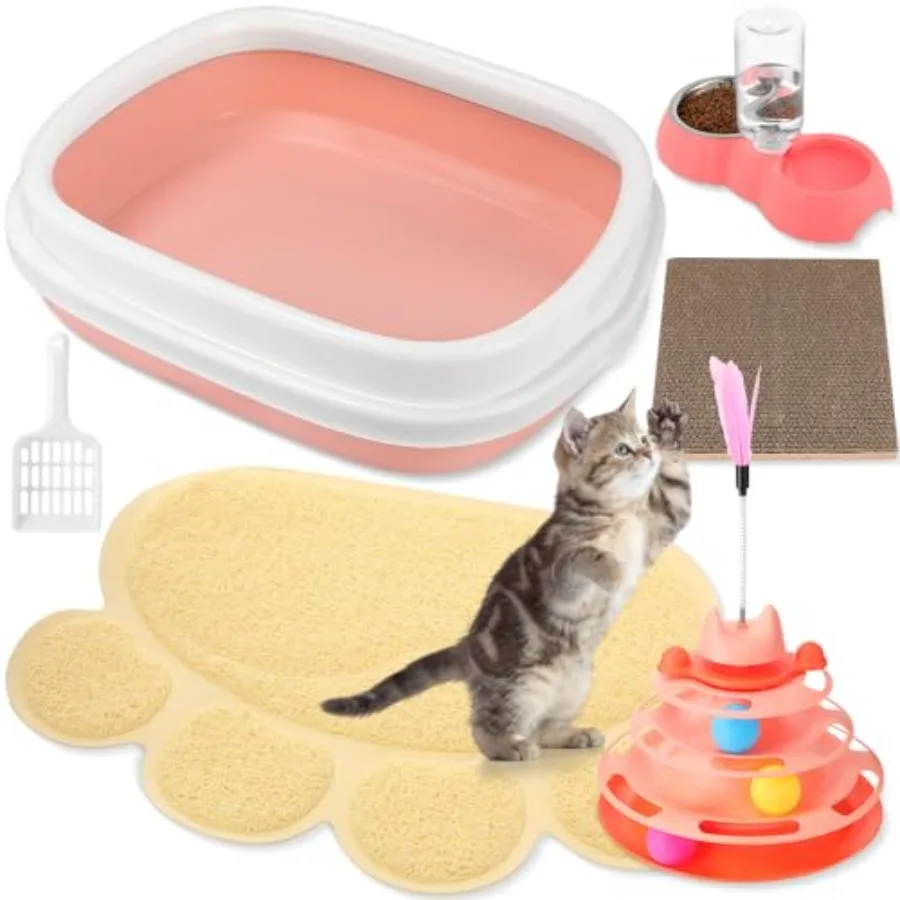 

5 Pcs Small Cat Kitten Starter Kit Include Litter Box with Shovel Cat Paw Litter Mat Scratch Pad Automatic Bowls Turntable Toys