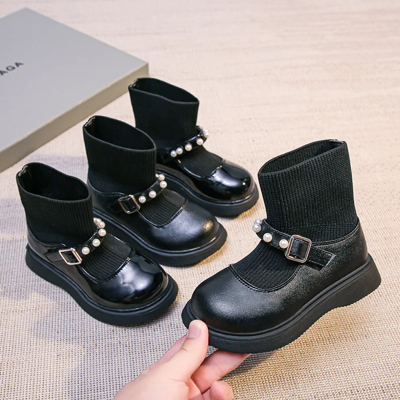 Children's Ankle Boots Slip-On Fashion String Bead Socks Kids Shoes for Girls Boots 2021 Autumn Pu Leather Shoes Sneakers 3-12