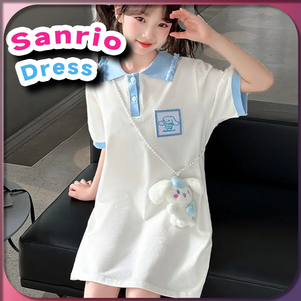 Kawaii Cinnamoroll Kid Dress Sanrio Anime Summer Short Sleeve 2024 New Girl Dress Fashion Cute Clothes