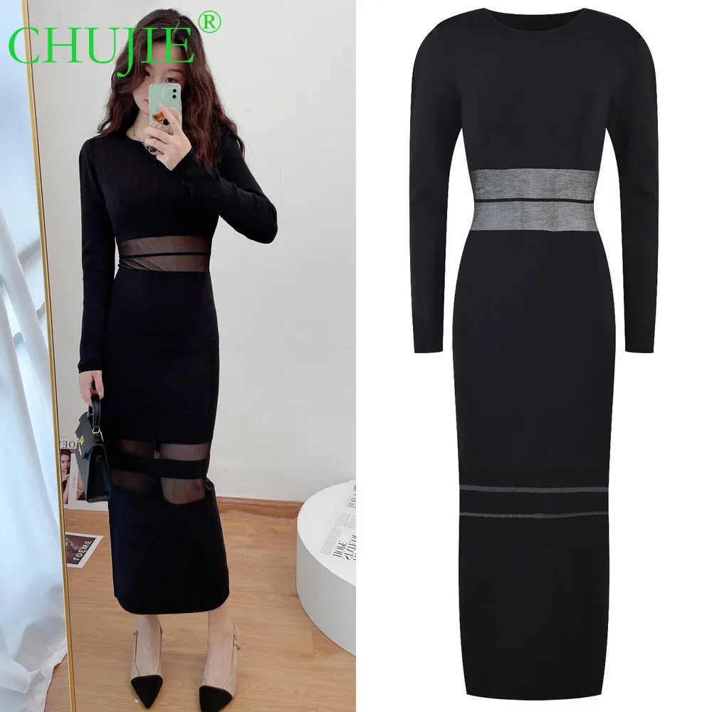

CHUJIE Spring Autumn New French Style Dress, Knit Lace Spliced Mesh Bodycon Long Sleeves Long Dress
