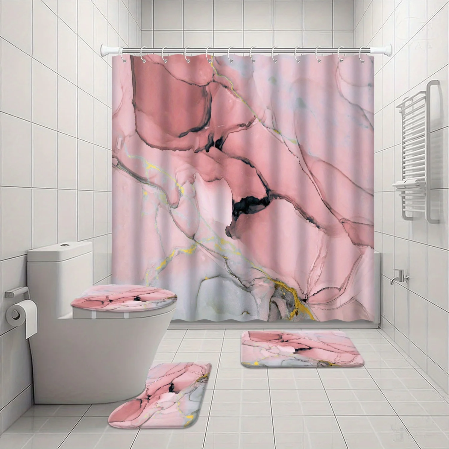

Pink Grey 4pcs Bathroom Accessory Sets, Marble Shower Curtain and Rugs for Stylish Abstract Watercolor Bathroom Decor Including