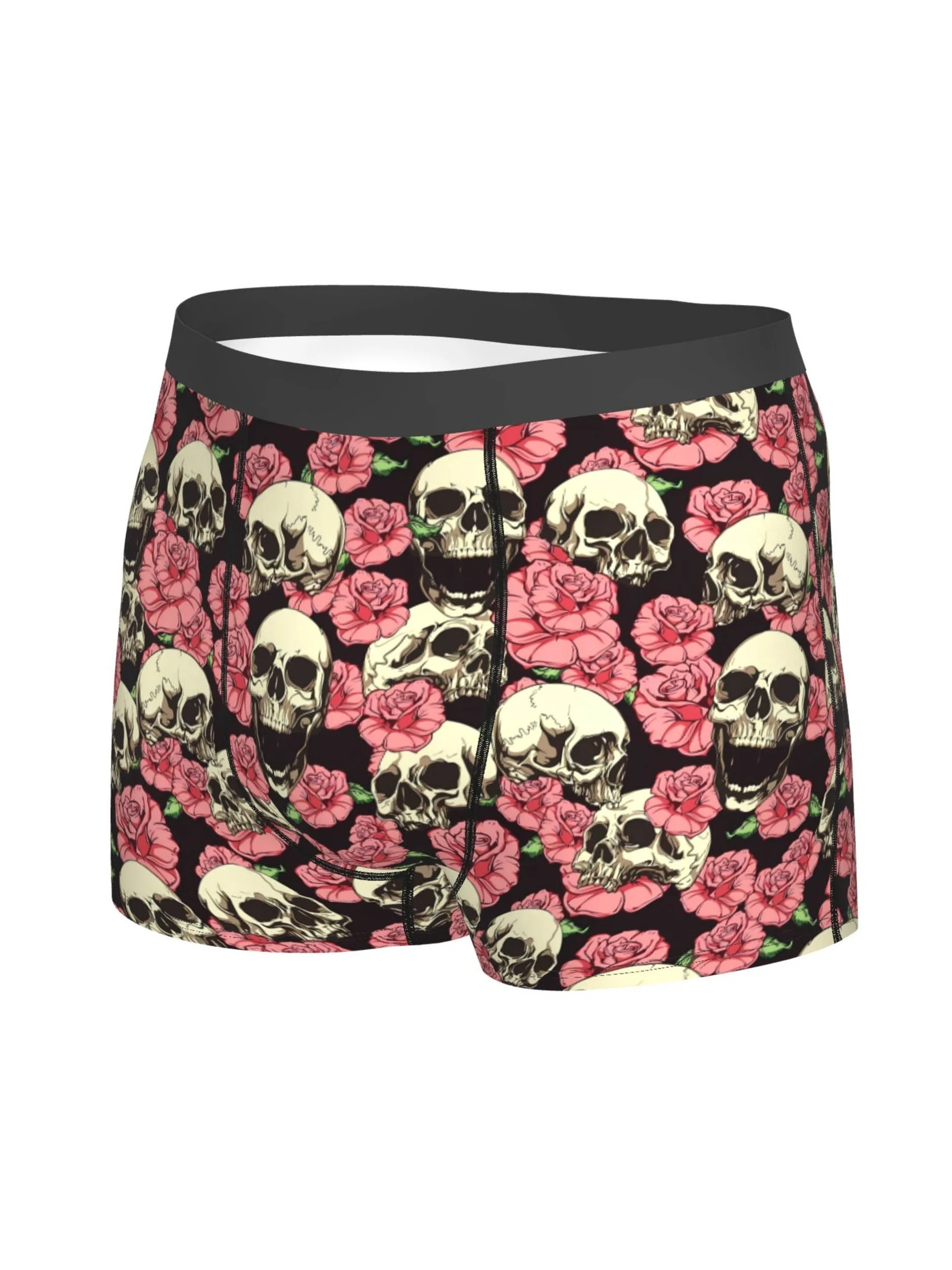 Men's Rose Skull Horror Pattern Printed Boxer Briefs, Breathable Comfortable Stretch Underwear Sports Swimming