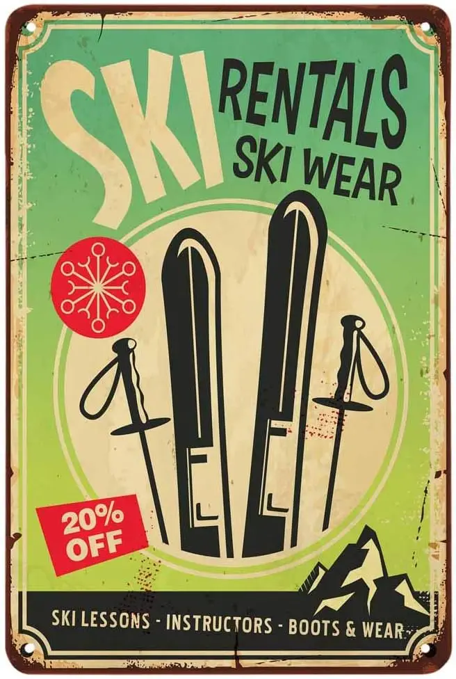 1p,AOYEGO Ski Rentals Tin Sign,Ski Wear Ski Lessons Instructors Boots Vintage Metal Tin Signs for Cafes Bars Pubs Shop Wall Deco