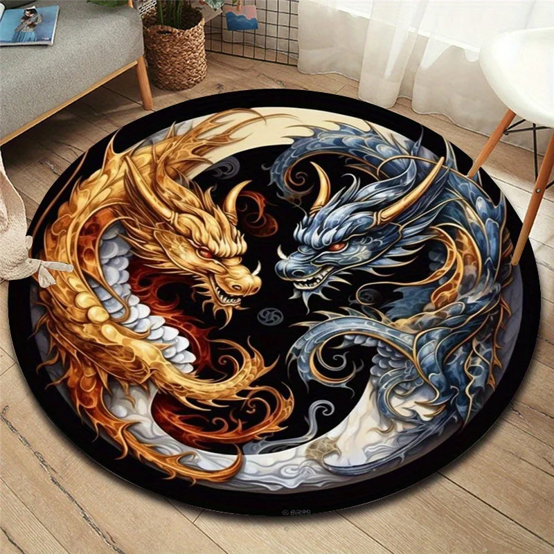 Round Dragon Pattern Non-Slip Area Rug, Anti-Shedding Polyester Carpet for Office Bedroom Porch, Washable Indoor Decor Mat
