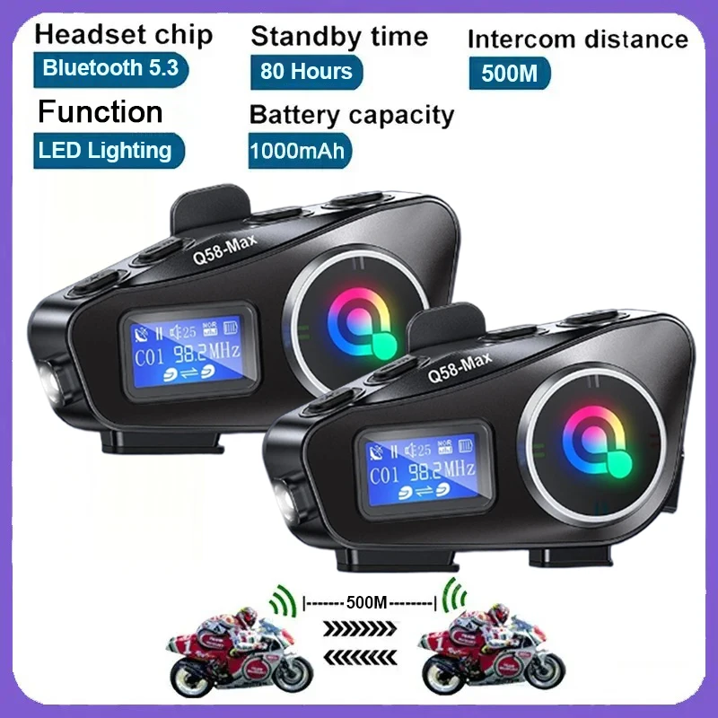 1/2pcs Q58-Max Motorcycle Helmet Intercom Bluetooth Headset Supports Multi-Scene Mixed Music Sharing Interphone Distance 500M