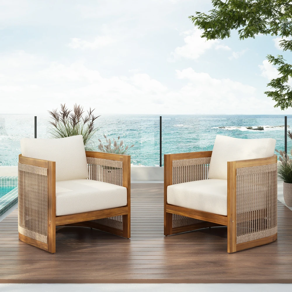 

YQXH [Set of 2] Premium Acacia Wood Outdoor Club Chair, Curved Tub Design with Woven Rope Accents, Water-Resistant Cushions, All