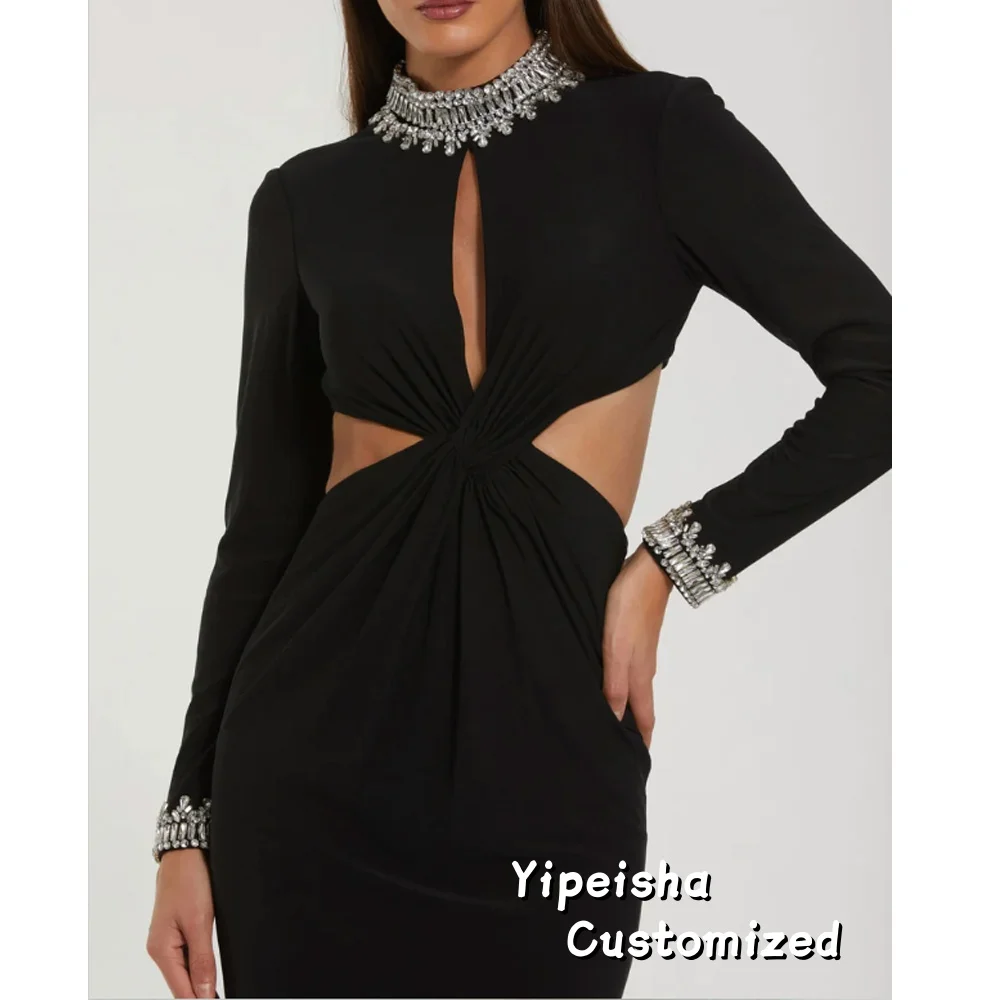 Maßgeschneiderte schwarze lange Abendkleider, elegante Ballkleider mit hohem Kragen für formelle Anlässe, knöchellange Ballkleider mit Perlenkristallen