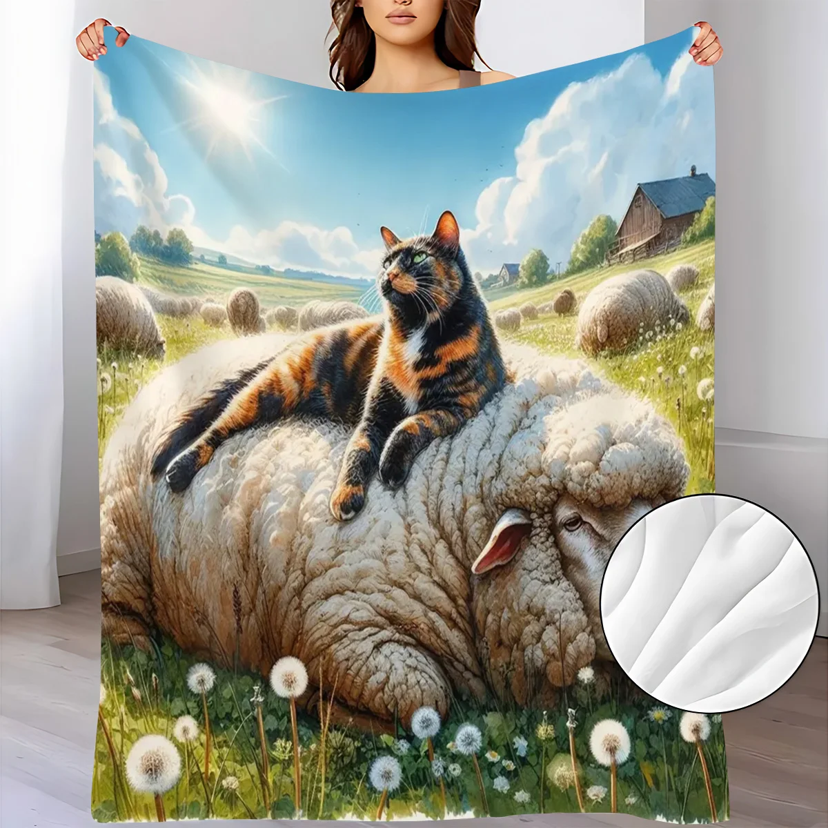 Dandelion Animal Lamb with Cat Pattern Flannel Small Throw Blanket, a Soft and Warm Blanket Suitable for Sofa Blankets, Home Lei