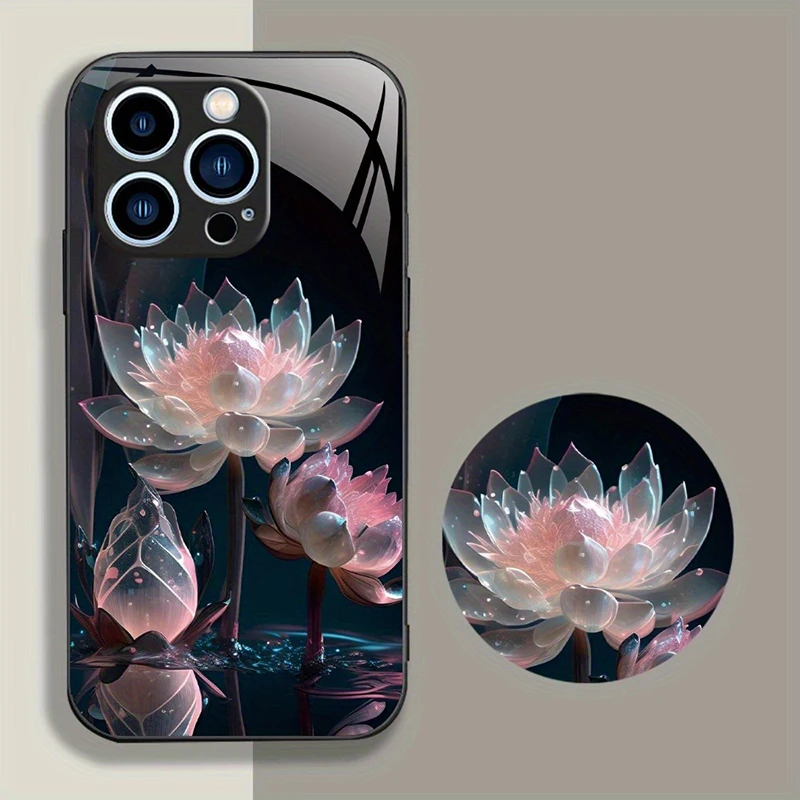 Luxury Snow Lotus Pattern Glass Material Phone Case For iPhone 17 16 15 14 13 12 11 Pro Max 16E 7 Plus XR XS X Shockproof Cover - Image 2