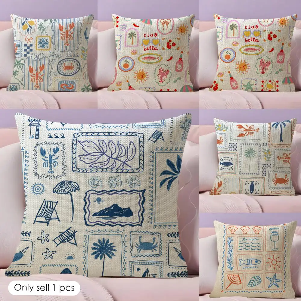 Cool Mediterranean style Cushion Cover Natural Linen Pillow Case Double-Sided Print Decorative Sofa Pillowcase Home Decor Gift