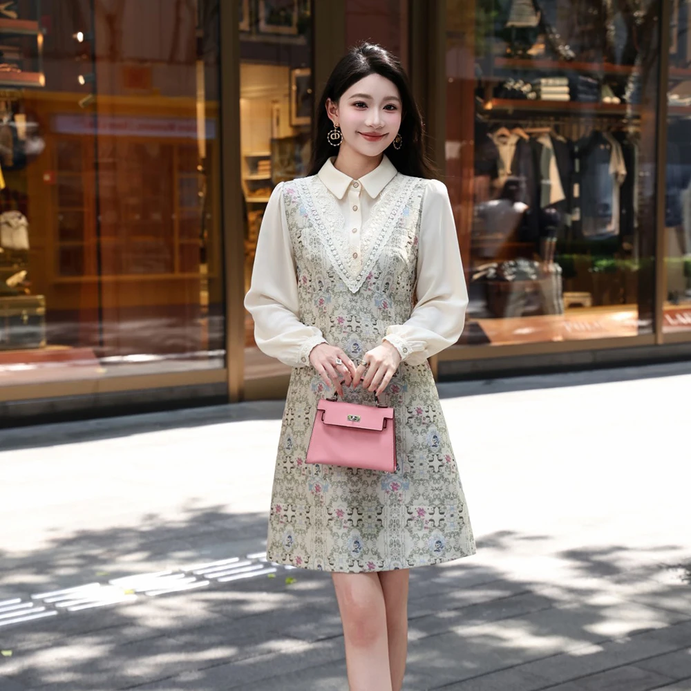 ZJYT Herfst Nieuwe Vrouwen Lange Mouw Bloemen Jacquard Jurk Vintage Turn Down Kraag Casual Knielengte Jurk Vestidos Vrouwelijke 2025