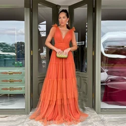 A-Line Orange Tulle Long Prom Dresses V-Neck Backless Tierd Bow Shoulder Tiered Skirt Women Party Evening Gowns 2022
