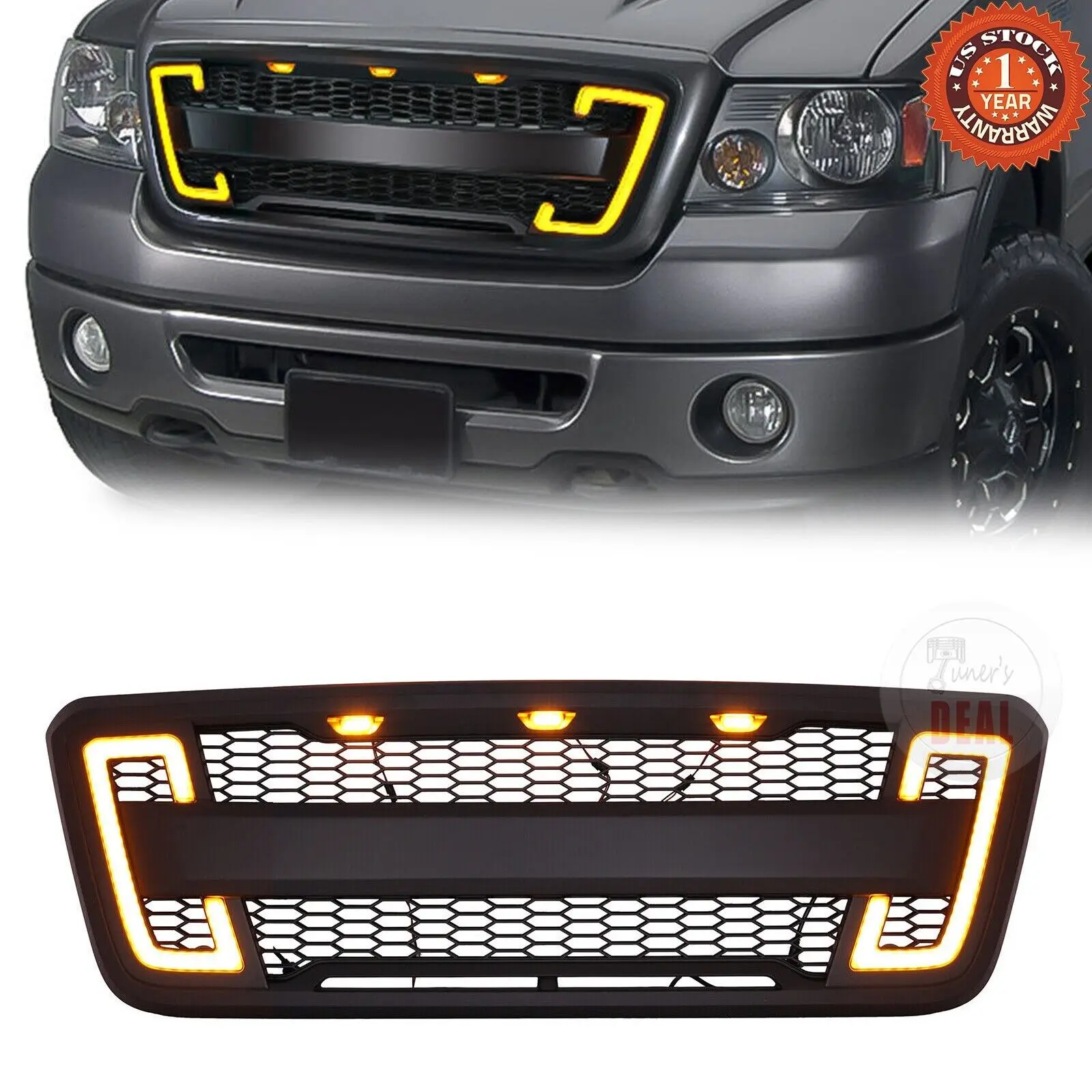 Front Bumper Grille Hood Grill Gloss Black ABS Plastic with LED DRL Turn Signal Light Fits 2004-2008 Ford F150 ​Car Accessories