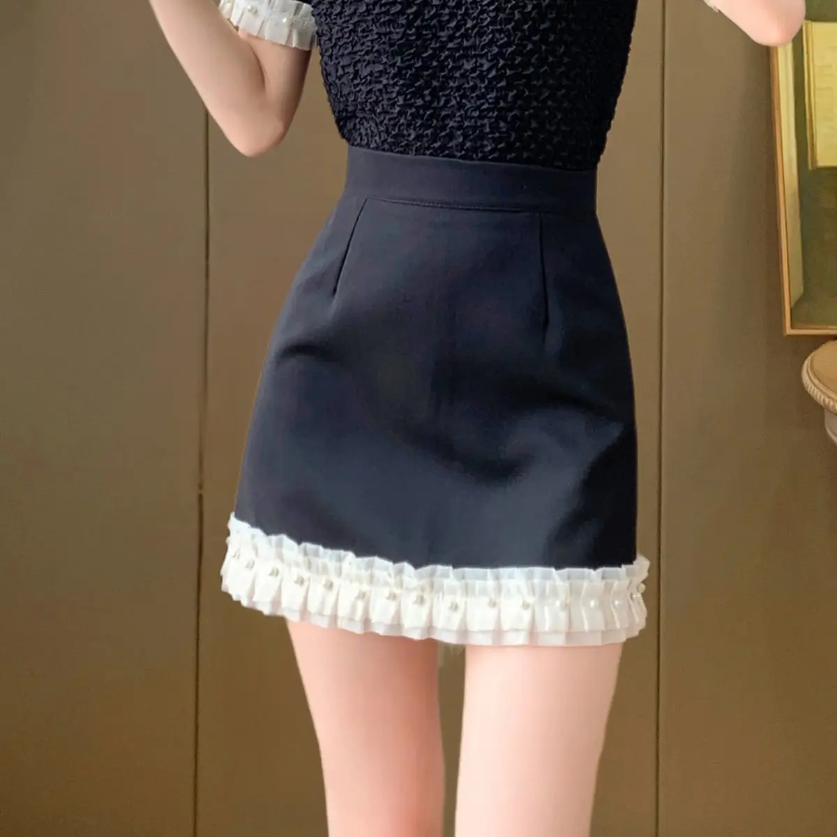 Spring and summer temperament breathable lace skirt suit 2024 high waist splicing anti-light thin a word hip skirt women