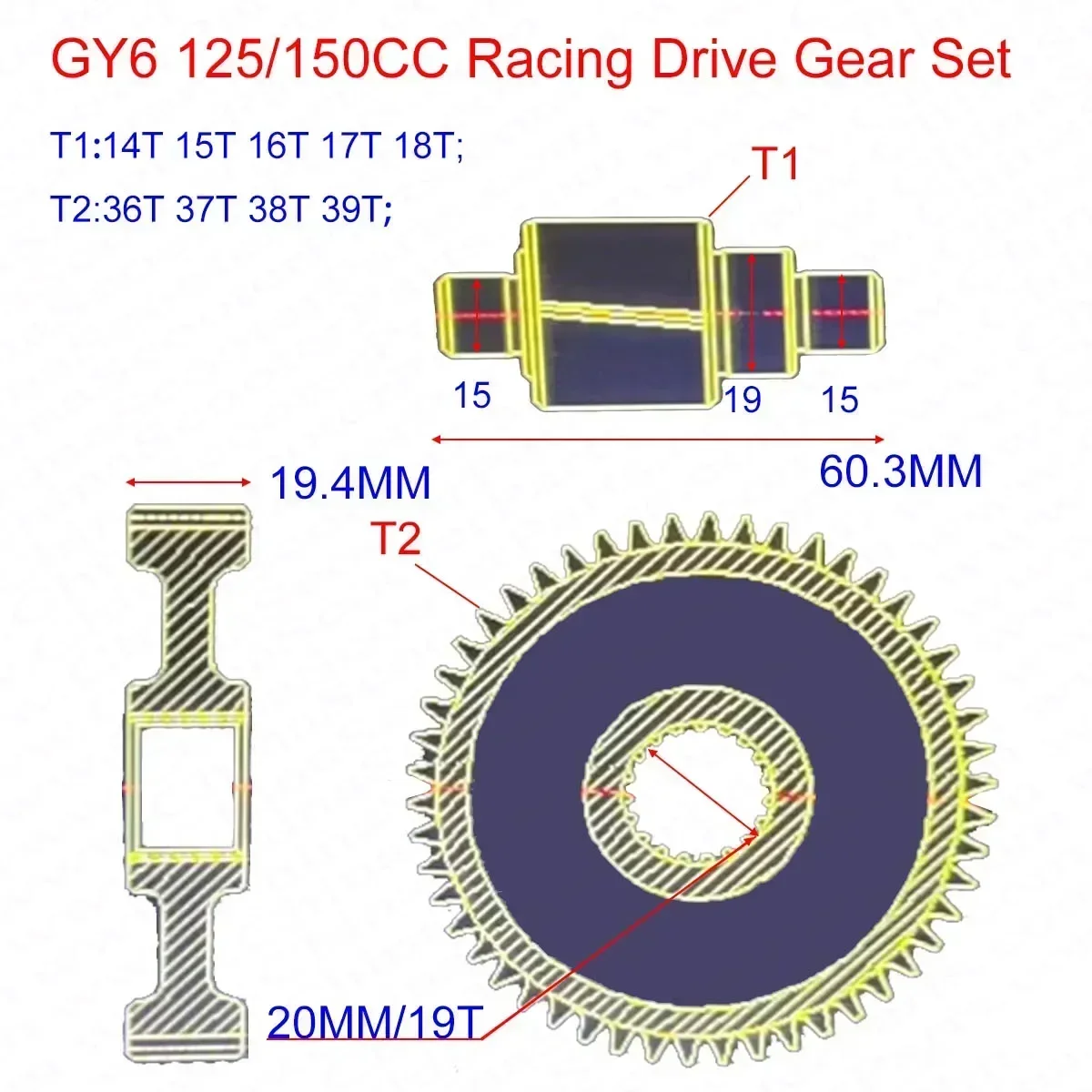 Racing Transmission Gear Set 14T 15T 16T 17T 18T GY6 125 150  152QMI 157QMJ ATV Quad Buggy Go Kart Scooter Parts