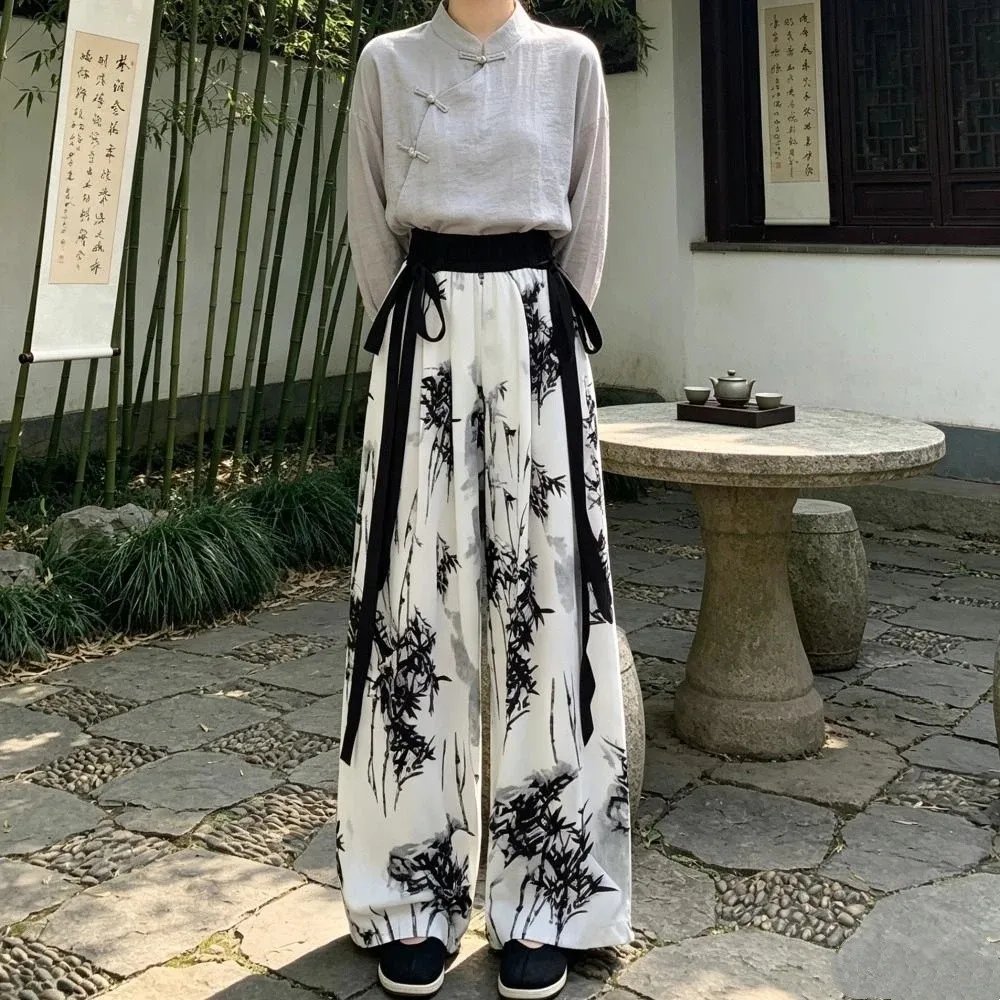 Loose Fit Ice Silk Ink Painting Casual Pants Tied Dyeing Summer Straight-leg Trouser Chinese Style High-waisted Pants Daily Wear